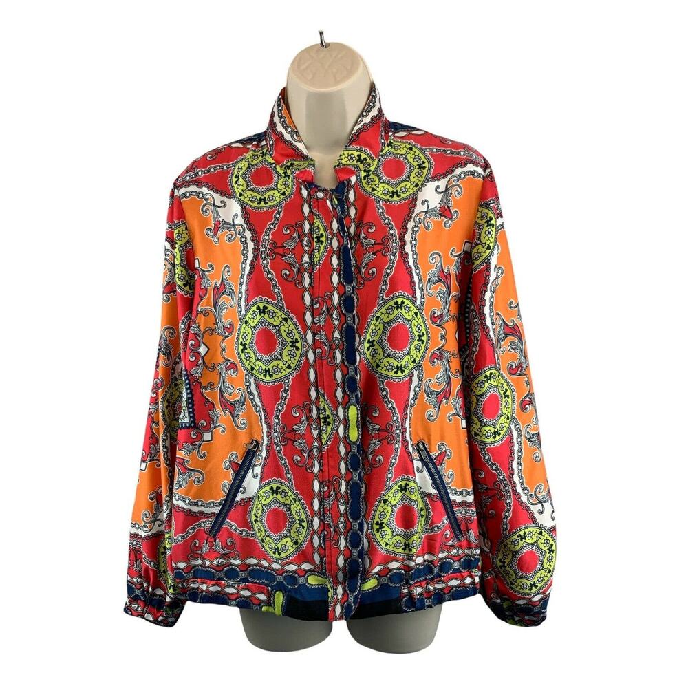 VTG NY Collection Scarf Print Multicolor Blouse Jacket Zip Front Boho Size Large